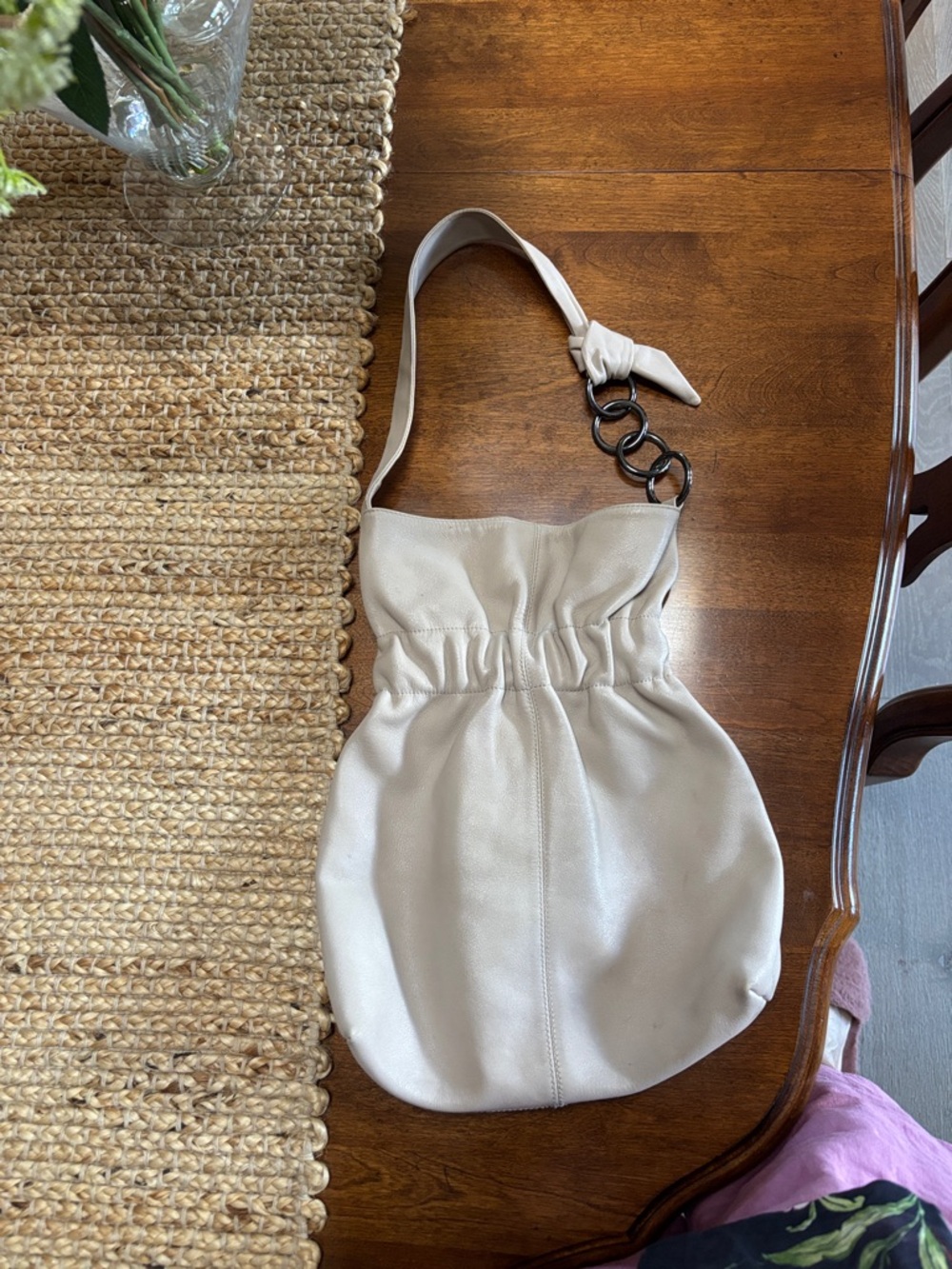 Furla ecru/ bone/ cream buttery leather ruched Shoulder Bag with gunmetal Accent
